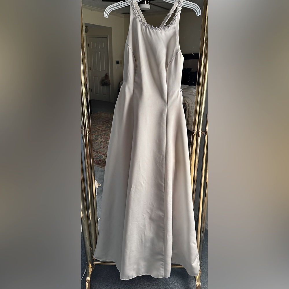 Bari Jay Silvery/Cream Halter Maxi Dress